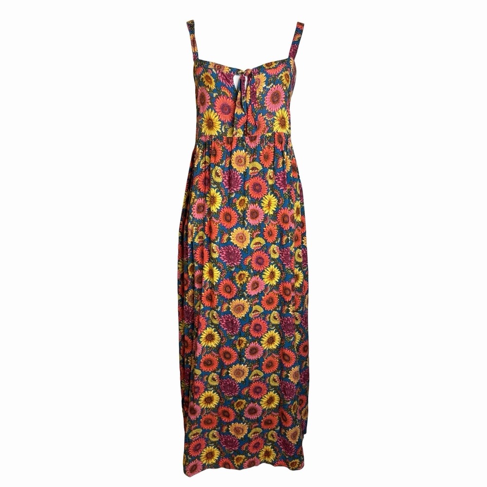 Natural Life Patti Maxi Dress L Teal Sunflower Tie Front Empire Waist Side Slit - Picture 2 of 9